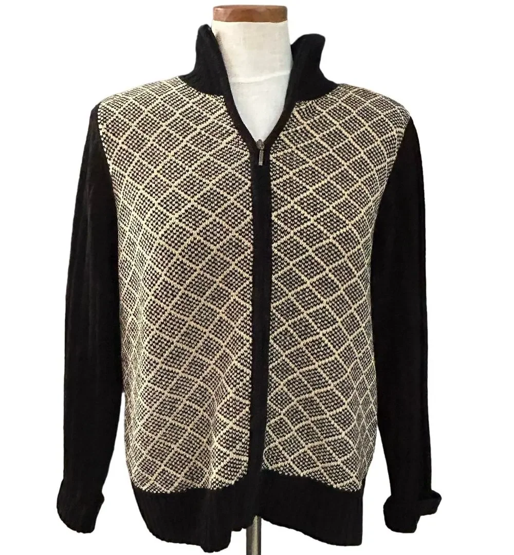 Vintage Diamond Knit Karen Scott Full Zip Sweater Size M Black Academia Neutral